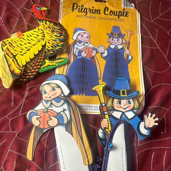 Vintage RARE Pilgrim couple fan out art tissue centerpiece with turkey, 1984 - Picture 14 of 14